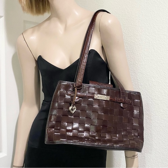 Vintage BRIGHTON Mahogany Brown Leather Woven Double Handle Strap Shoulder Bag - Picture 2 of 16